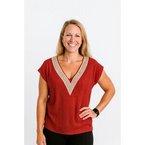 ETCYY Blouse Tunic Women’s Sz. L Cotton Blend V-neck Crochet Accent Red